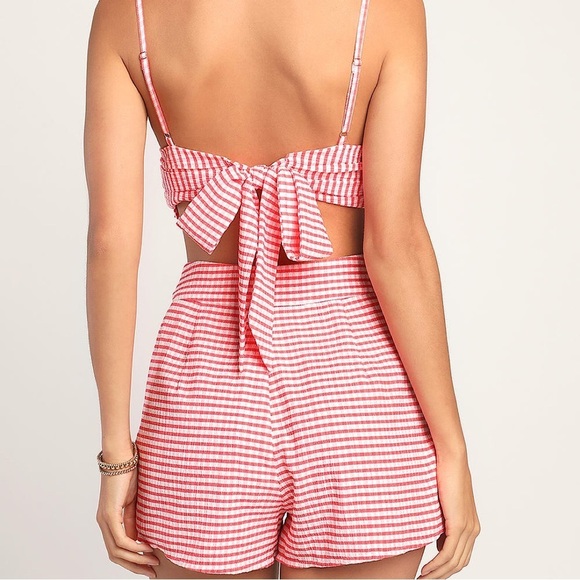 Gingham Print Button-Front Summer Shorts—red and white - Picture 3 of 5